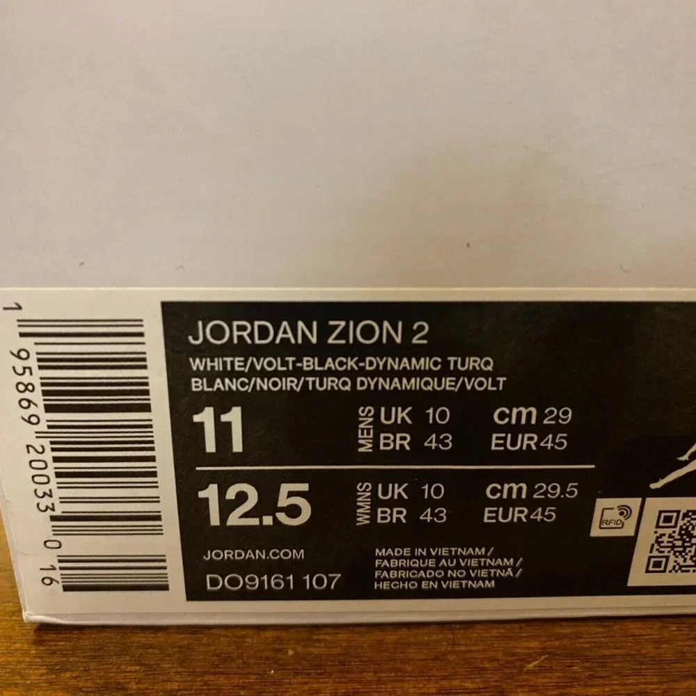Jordan Zion 2 White Volt Dynamic Turquoise Basketball Shoes DO9161-107 Size 11_7